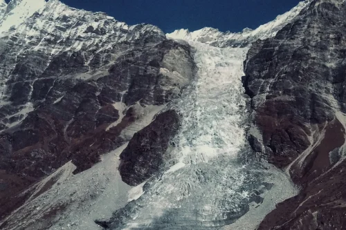 Climate change in Nepal affecting Himalayan glaciers, with a melting glacier surrounded by snow-covered mountain peaks.
